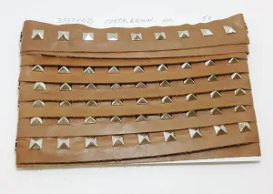 1 YD of 1-1/2" wide Genuine Cowhide Leather Trim Tape with Silver Square Pyramid Nailheads edge binding; top stitch; Corral Brown 3757XDB