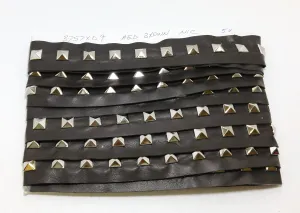 1 YD of 1-1/2" wide Genuine Cowhide Leather Trim Tape with Silver Square Pyramid Nailheads edge binding; top stitch; Med. Brown 3757XD9