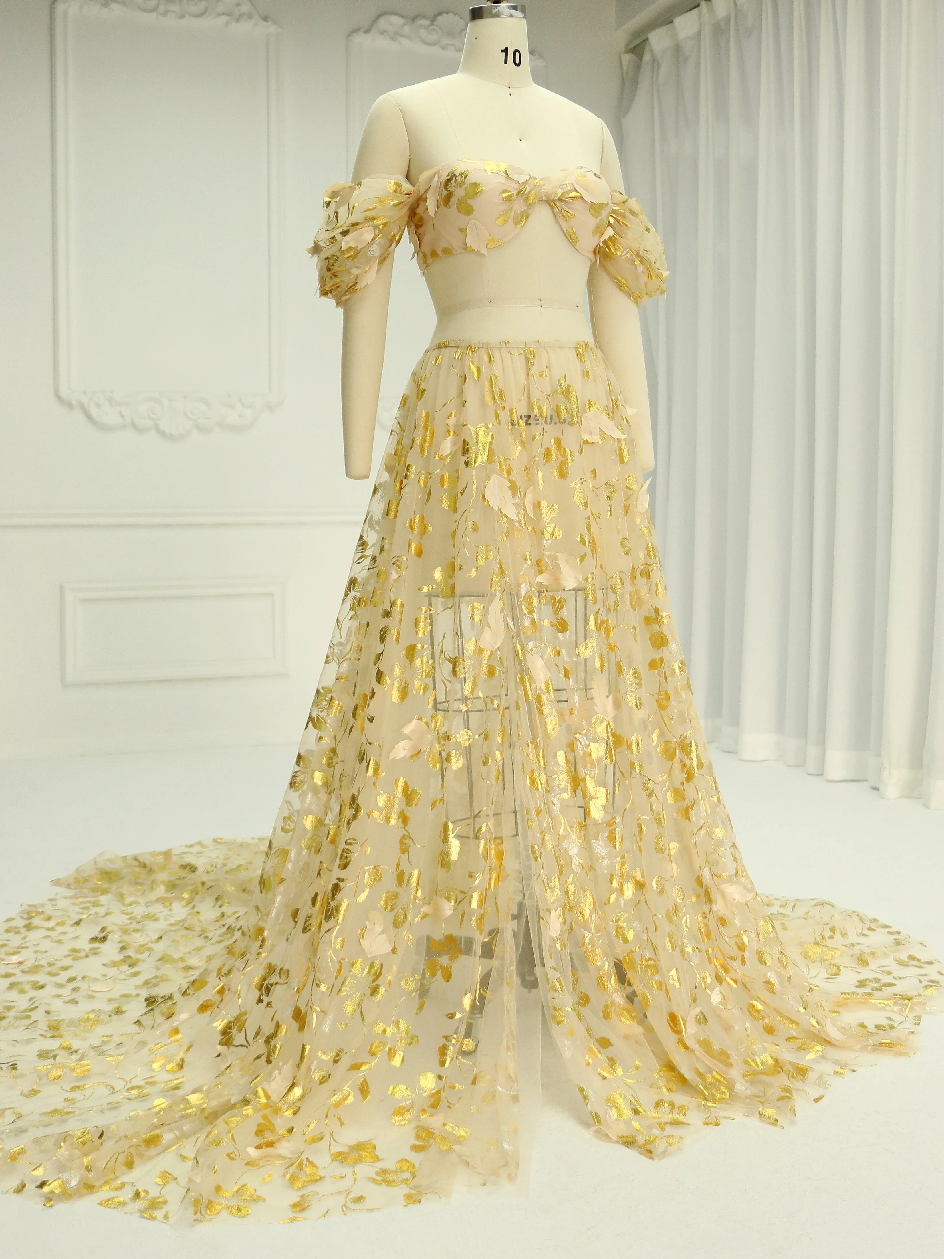 2 Piece Set Gold Pattern Tulle Maternity Photo Shoot Dresses YW240021