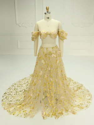 2 Piece Set Gold Pattern Tulle Maternity Photo Shoot Dresses YW240021