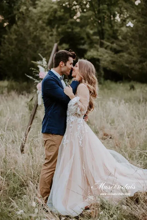 A-line V-neck Long Sleeves Beach Wedding Dresses With Lace Appliques, MW865