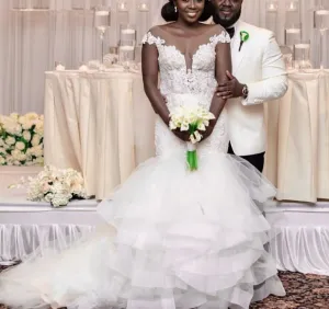 african mermaid wedding dresses 2020 cap sleeve lace applique tiered modest wedding gown 2021