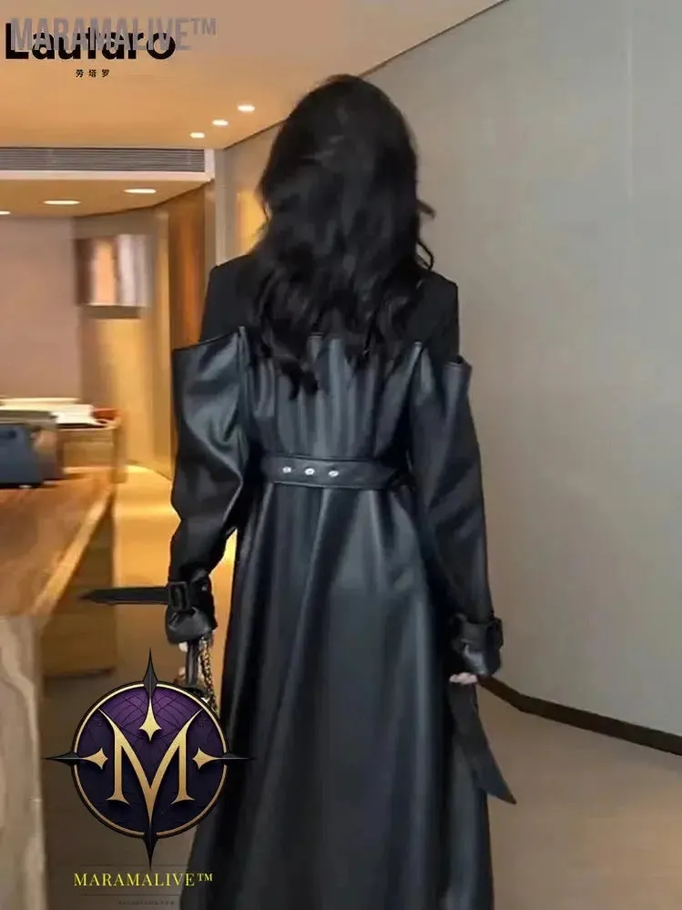 Autumn Long Black Patchwork Pu Leather Trench Coat for Women Double Breasted Loose Stylish Luxury Designer Clothing