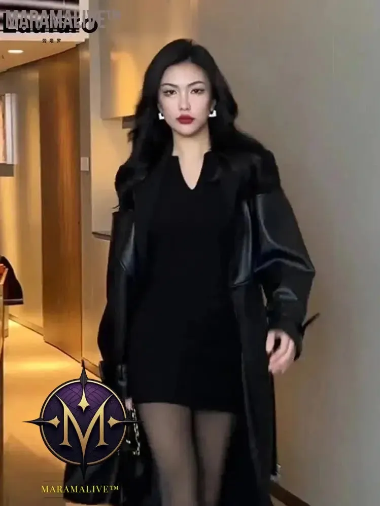 Autumn Long Black Patchwork Pu Leather Trench Coat for Women Double Breasted Loose Stylish Luxury Designer Clothing