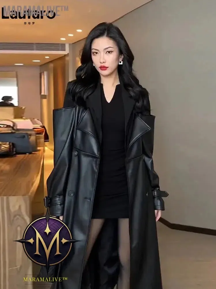 Autumn Long Black Patchwork Pu Leather Trench Coat for Women Double Breasted Loose Stylish Luxury Designer Clothing