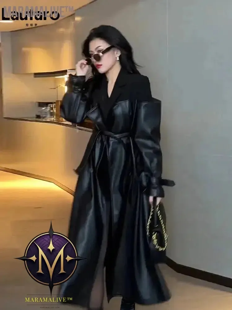 Autumn Long Black Patchwork Pu Leather Trench Coat for Women Double Breasted Loose Stylish Luxury Designer Clothing