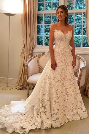 Beautiful Ivory Lace A-line Strapless Boho Wedding Dresses With Bowtie, MW866