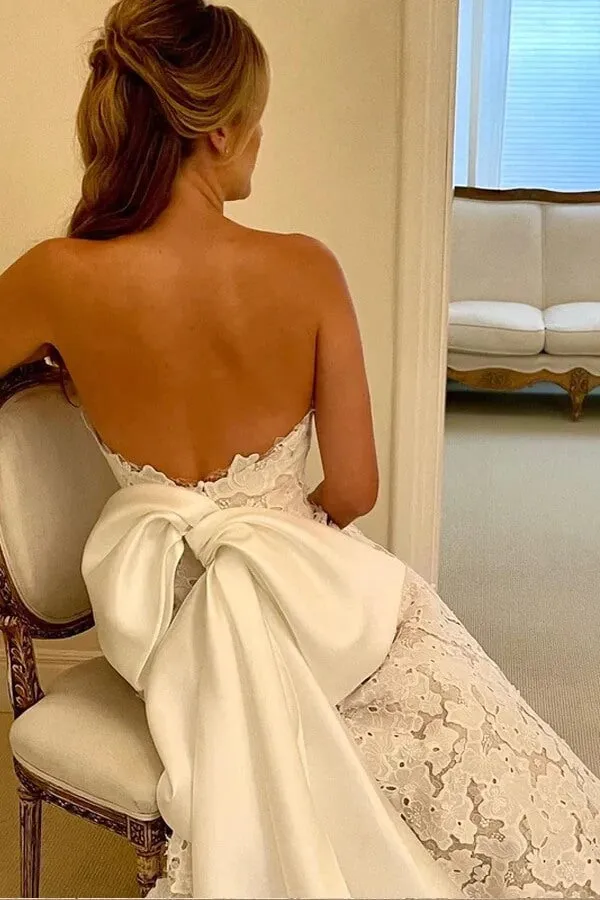 Beautiful Ivory Lace A-line Strapless Boho Wedding Dresses With Bowtie, MW866