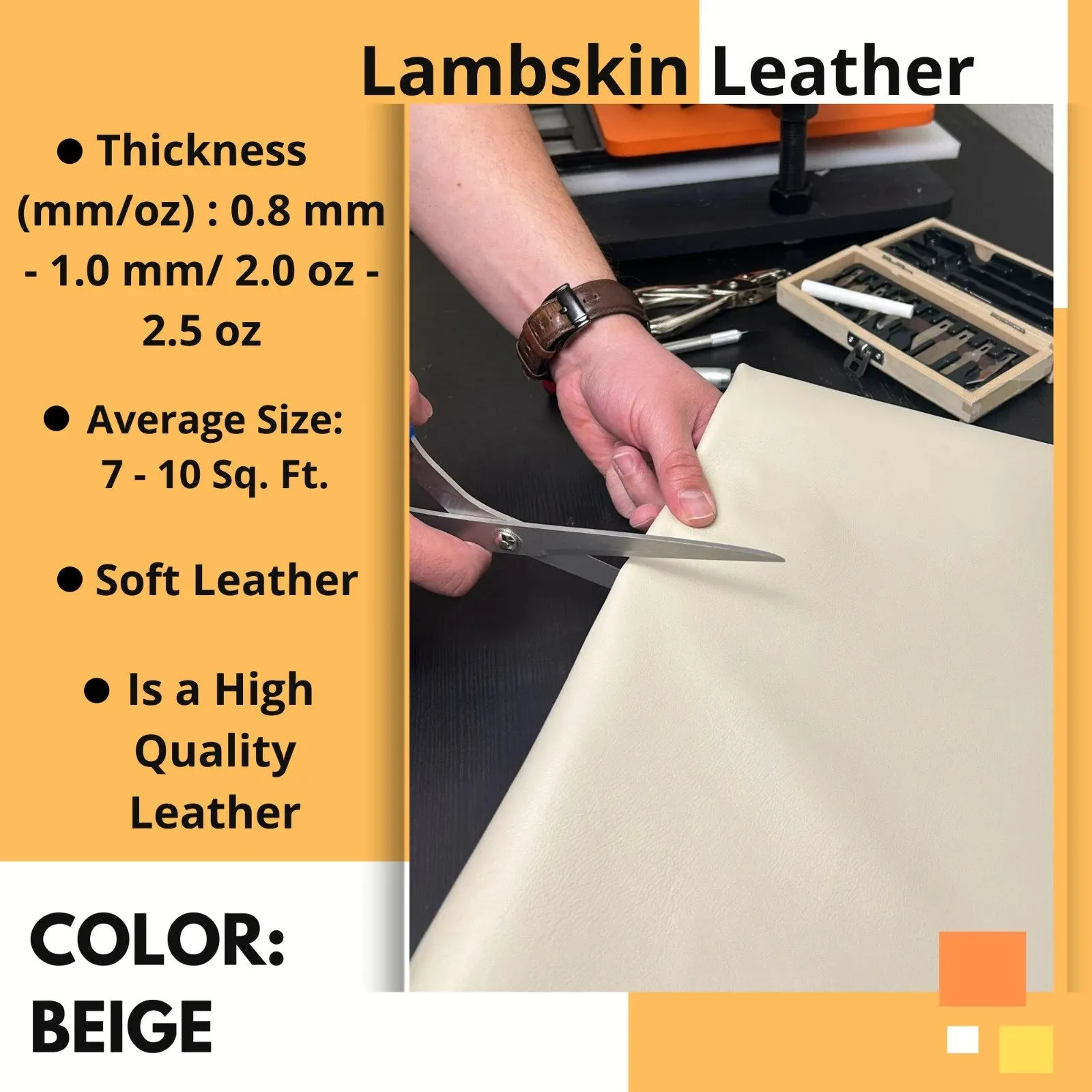 BEIGE Lambskin Leather - Garment Leather Thickness: 0.8 -1.0 mm/ 2 - 2.5oz / Size 7 - 10 SqFt