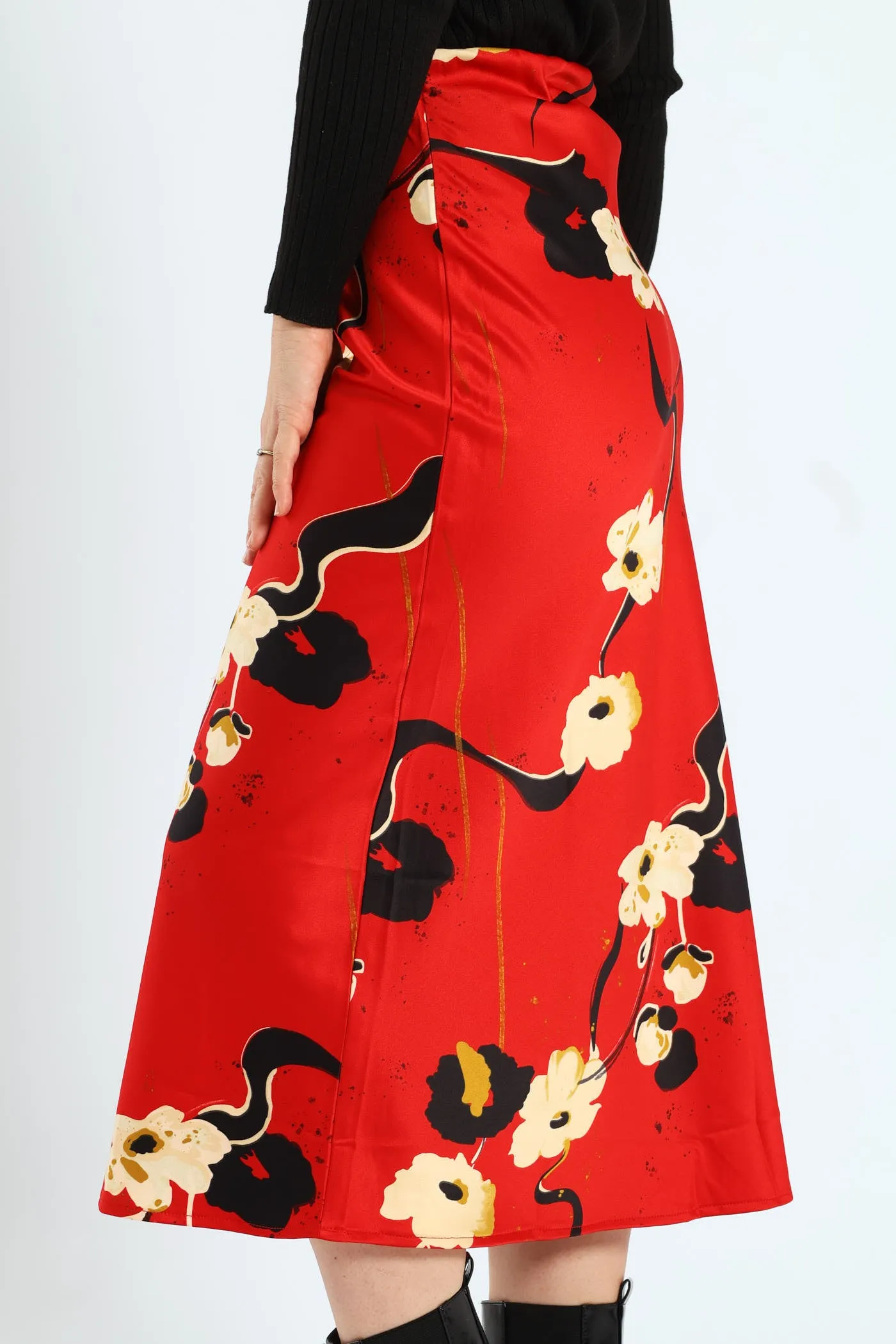 Bias Cut Satin Print Midi Skirt - Red