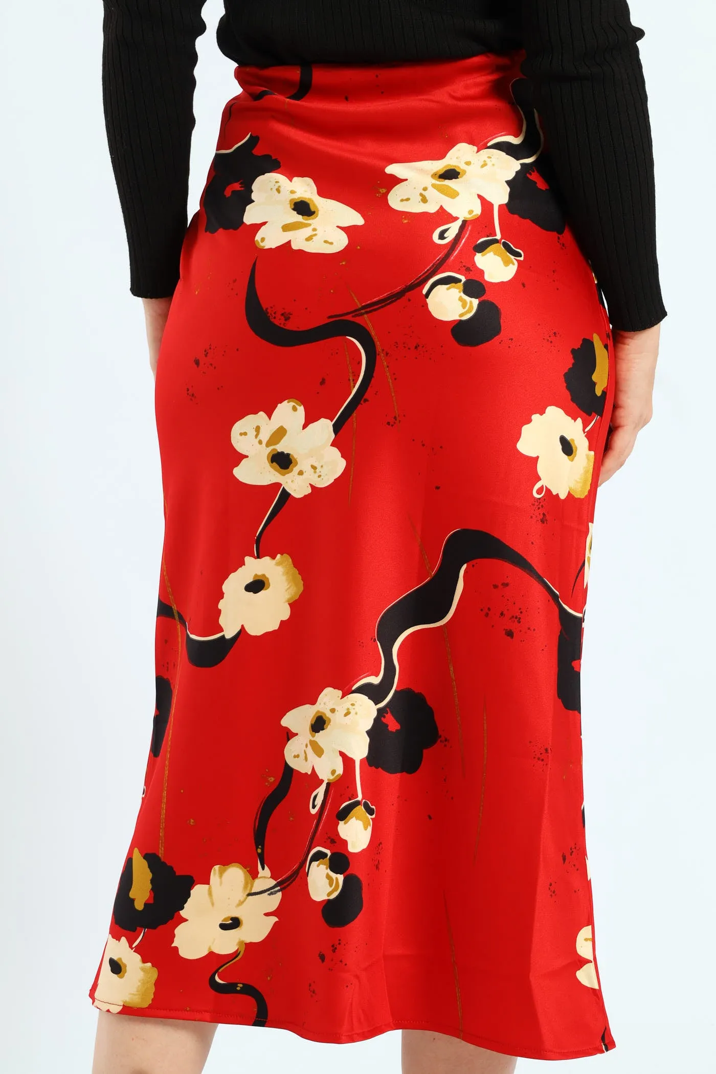Bias Cut Satin Print Midi Skirt - Red