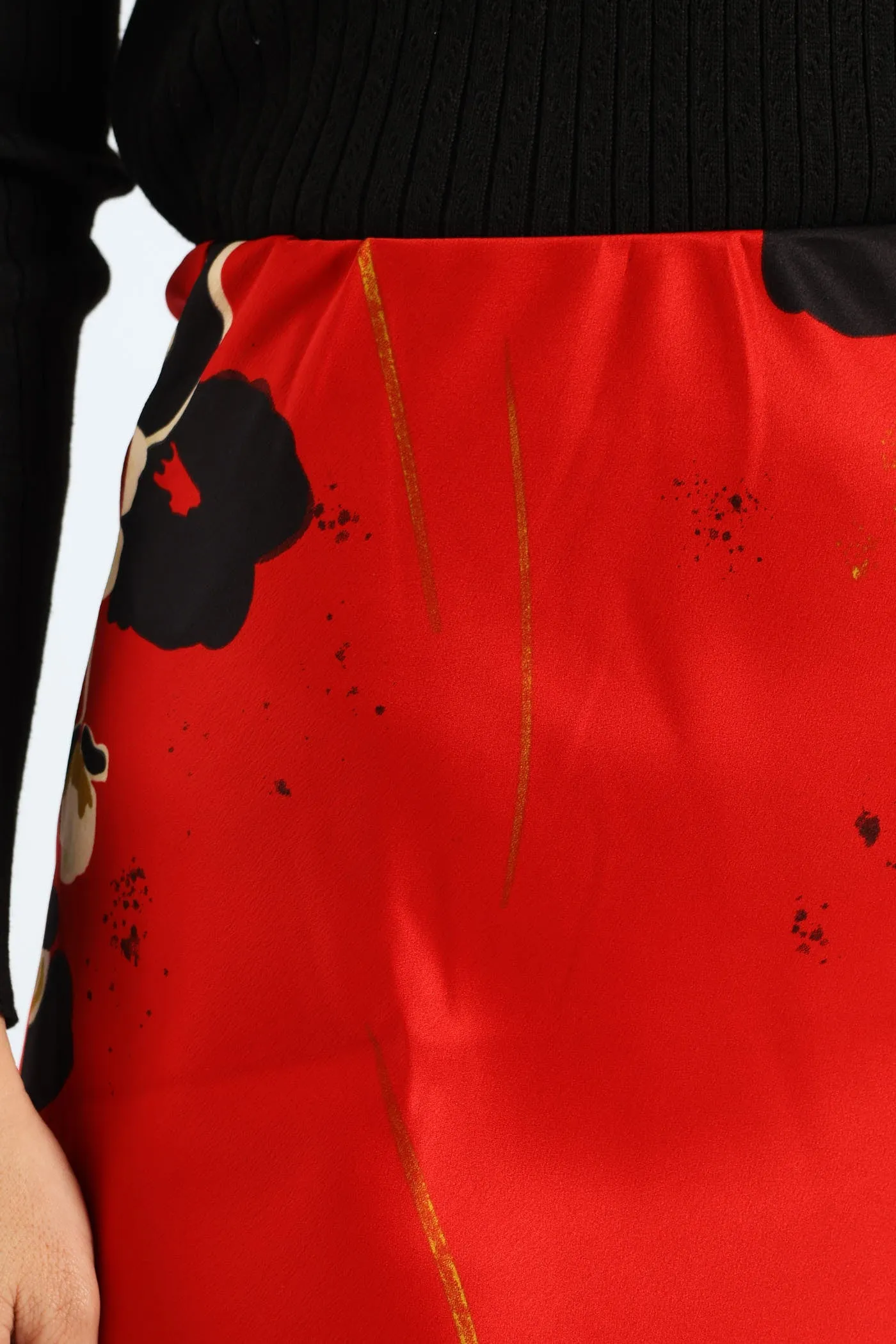 Bias Cut Satin Print Midi Skirt - Red