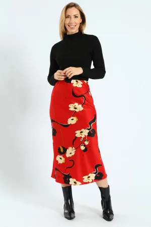 Bias Cut Satin Print Midi Skirt - Red