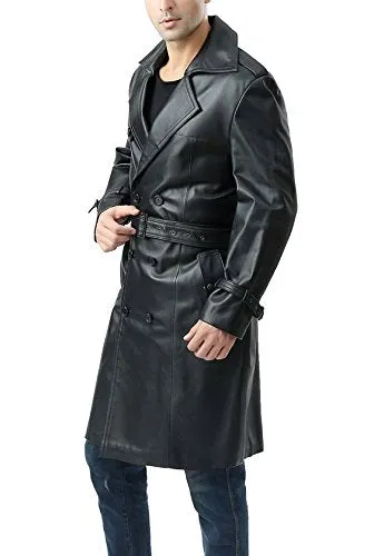 Black Trench Distressed Leather Coat For Men