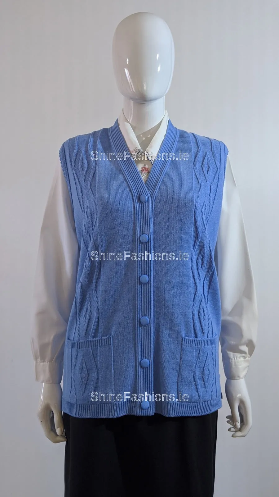 Blue Button Up Knitted Waistcoat Cardigan with Pockets