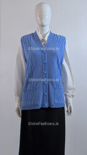 Blue Button Up Knitted Waistcoat Cardigan with Pockets