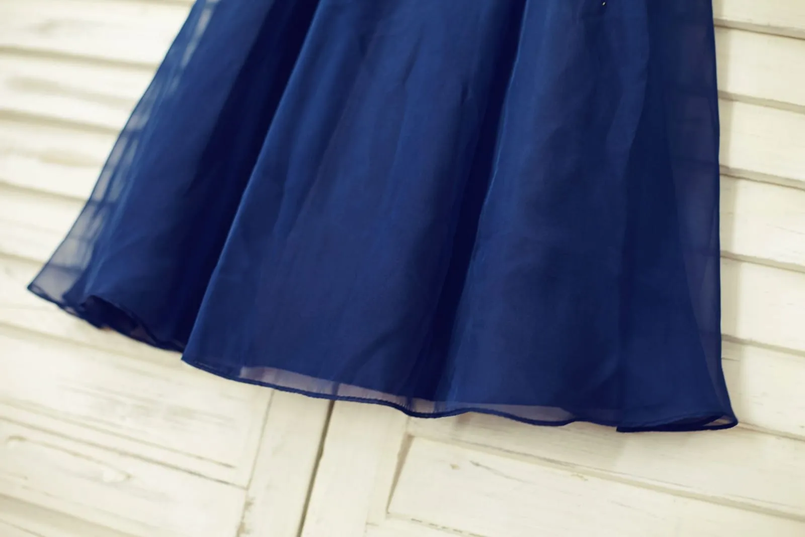Boho Beach Navy Blue Chiffon Pearl Beaded Neck Flower Girl Dress