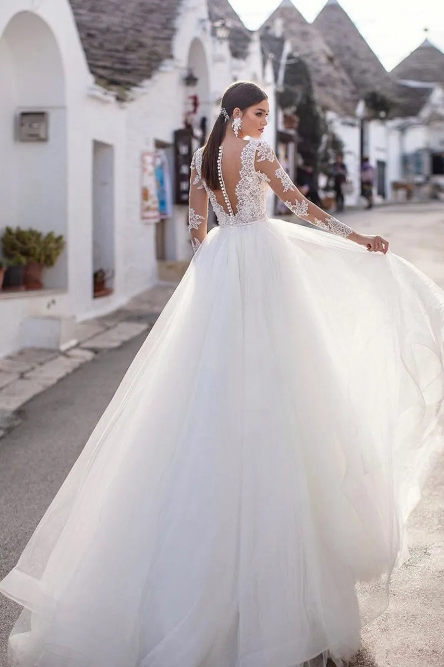 Boho Lace Long Sleeves Bride Dresses Tulle Skirt