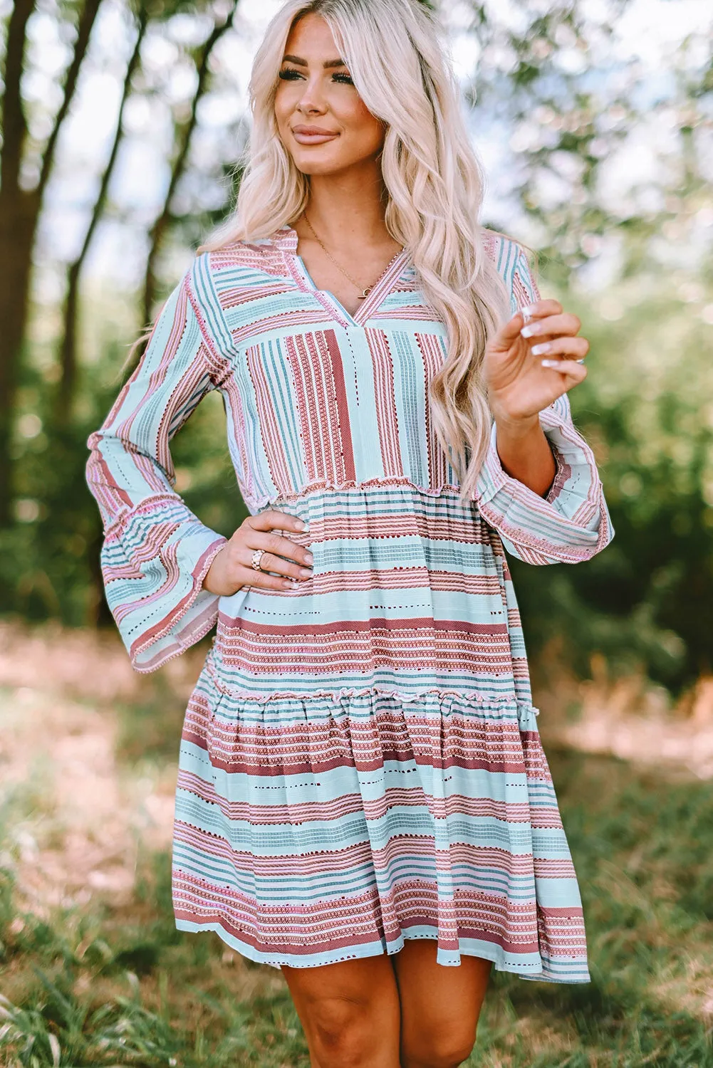 Boho Printed Tiered Bell Sleeve Babydoll Dress
