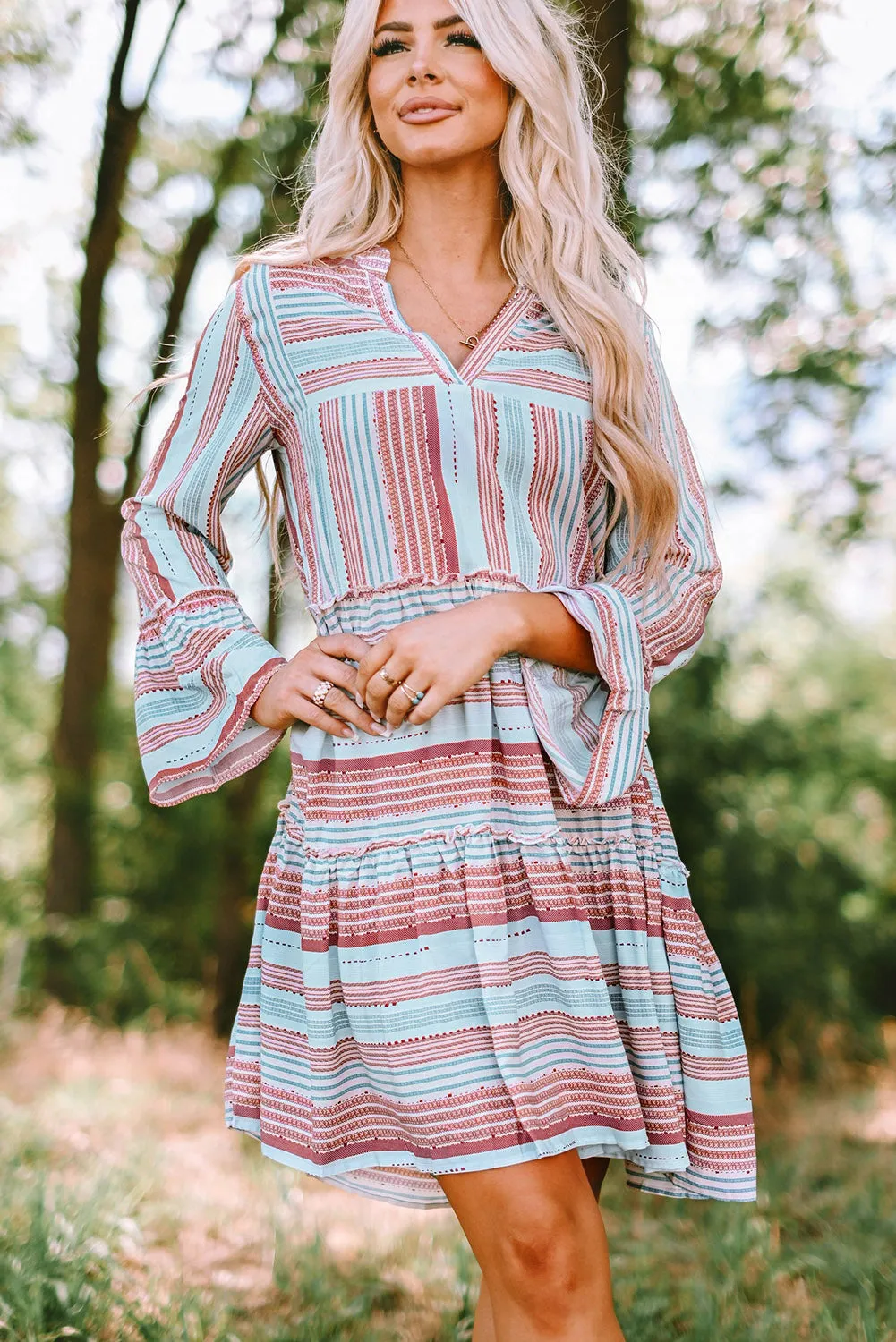 Boho Printed Tiered Bell Sleeve Babydoll Dress