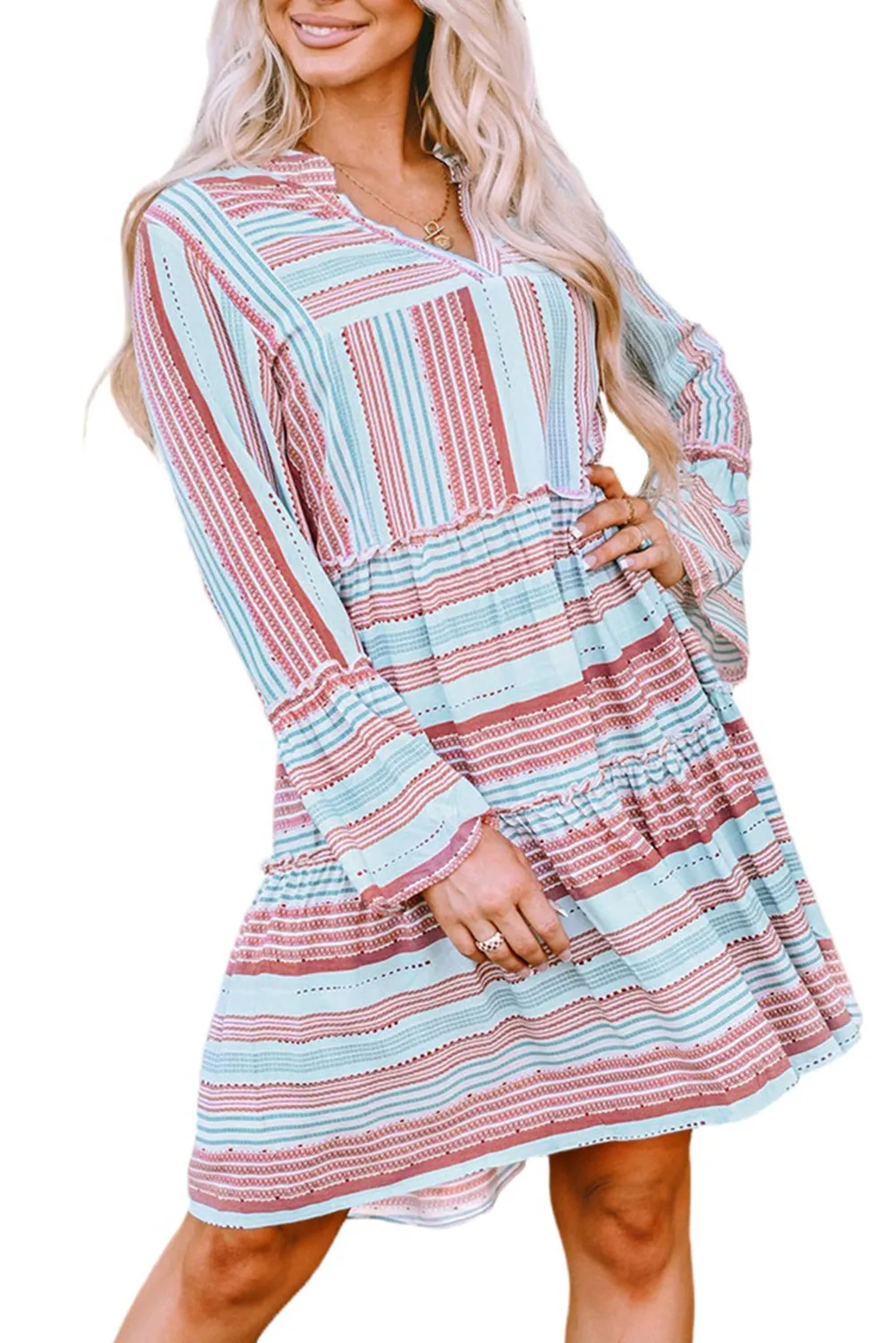 Boho Printed Tiered Bell Sleeve Babydoll Dress
