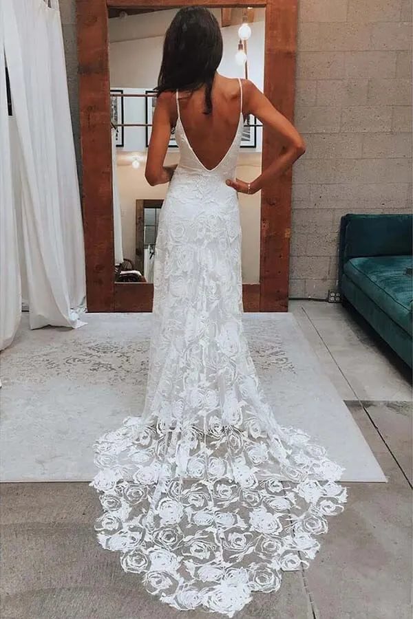 Boho Rose Lace Sweetheart Spaghetti Strap Beach Wedding Dresses, MW511