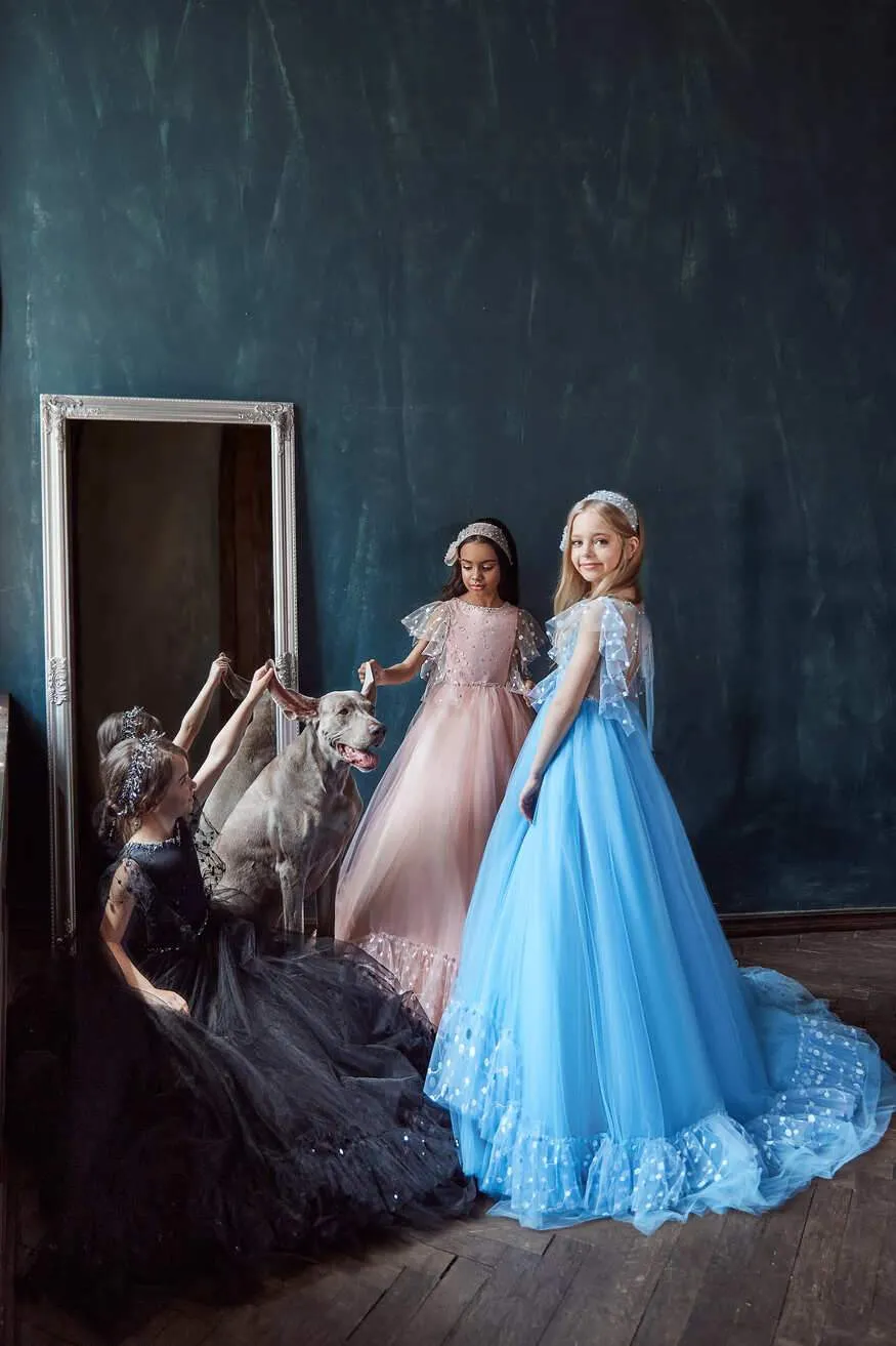 Butterfly Sleeve Long Tulle Dress for Girls