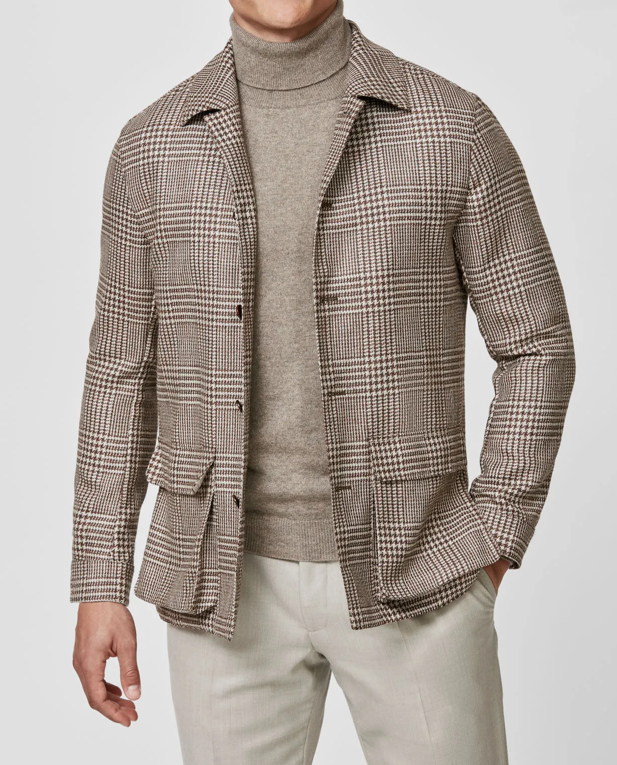 Cerruti Beige Brown Wool & Silk with Glencheck