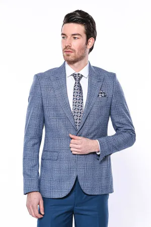 Checked Slim-Fit Single Button Blue Men Blazer - Wessi