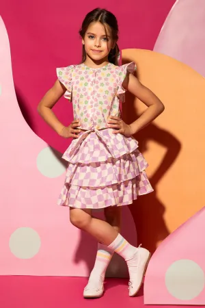 Checkered purple and off-white frilled satin cotton skirt