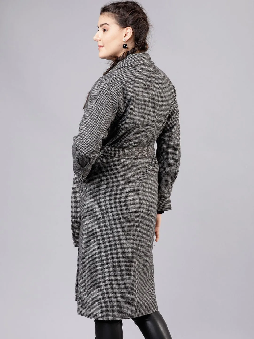 CHIC BY TOKYO TALKIES Women Grey Solid Houndstooth Trench Coat