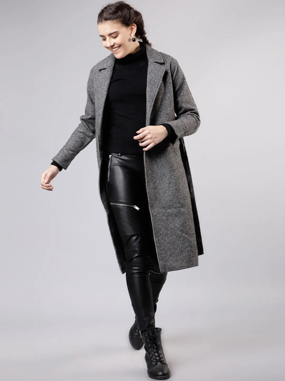 CHIC BY TOKYO TALKIES Women Grey Solid Houndstooth Trench Coat