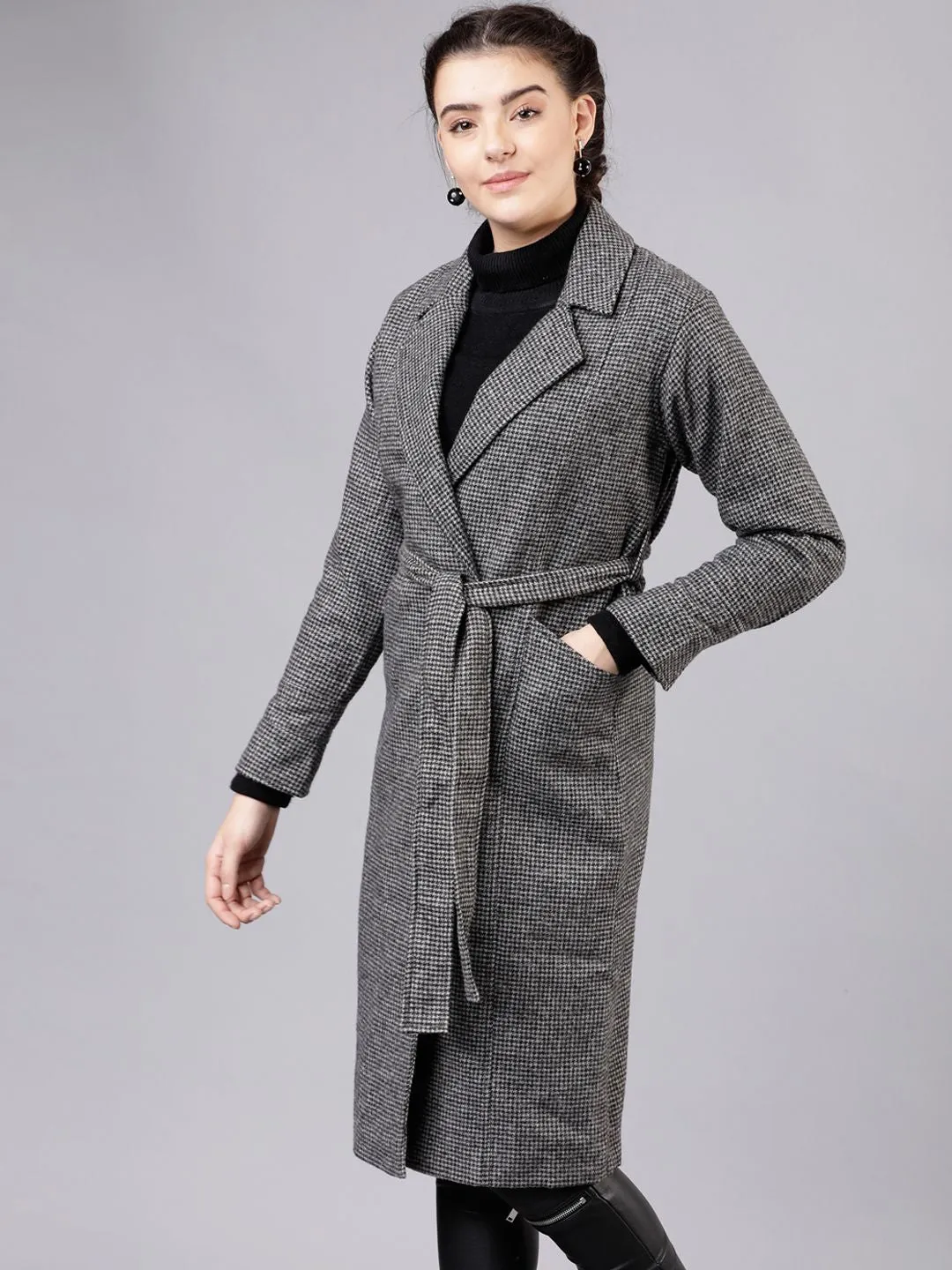 CHIC BY TOKYO TALKIES Women Grey Solid Houndstooth Trench Coat