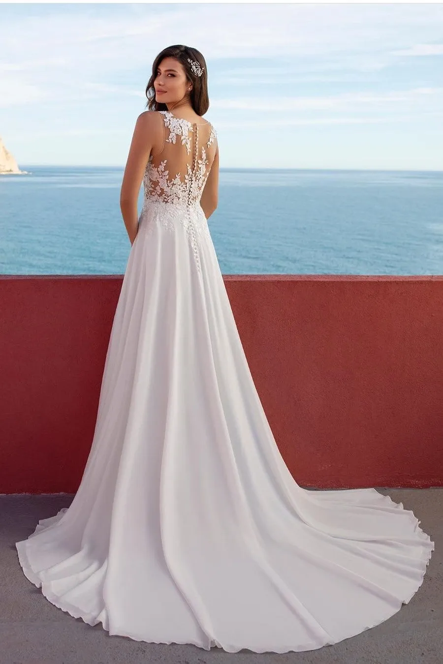 Chiffon Boho Bridal Dresses with Illusion Lace Bodice