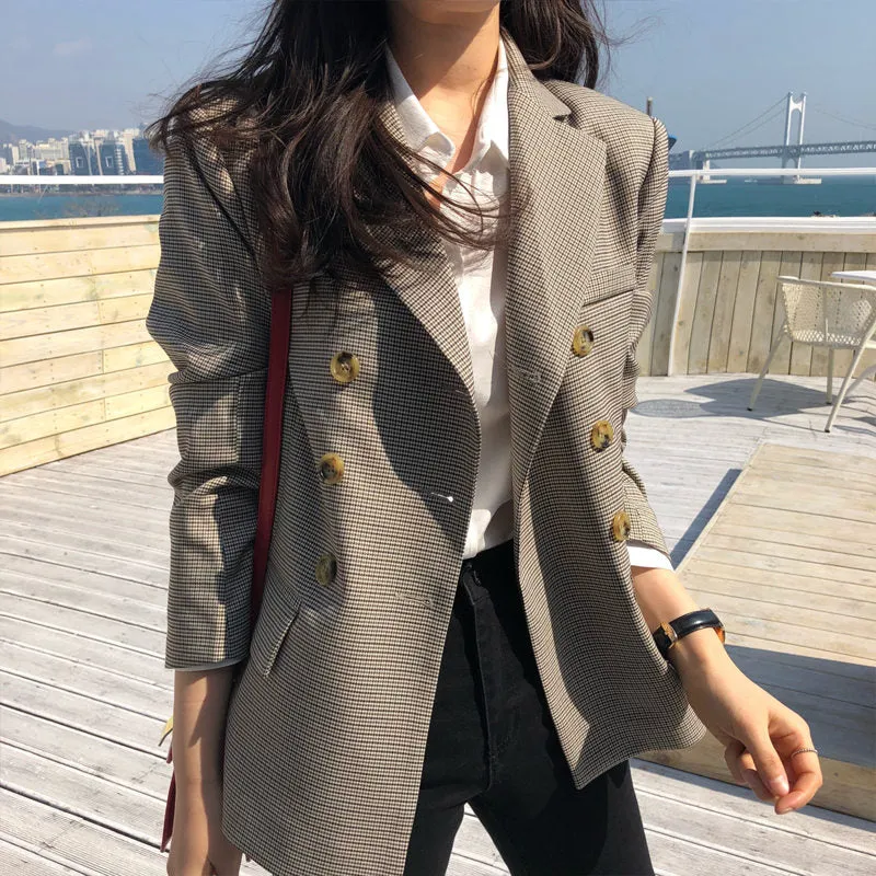 CLASSIC PLAID DOUBLE BREASTED WOMEN JACKET BLAZER NOTCHED COLLAR FEMALE SUITS COAT FASHION HOUNDSTOOTH BLAZERS