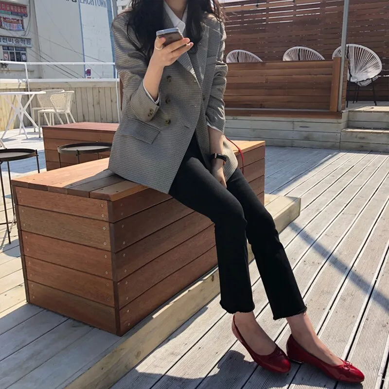 CLASSIC PLAID DOUBLE BREASTED WOMEN JACKET BLAZER NOTCHED COLLAR FEMALE SUITS COAT FASHION HOUNDSTOOTH BLAZERS