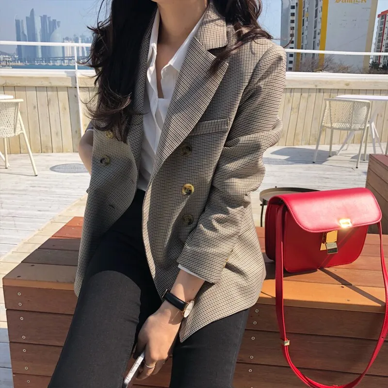 CLASSIC PLAID DOUBLE BREASTED WOMEN JACKET BLAZER NOTCHED COLLAR FEMALE SUITS COAT FASHION HOUNDSTOOTH BLAZERS