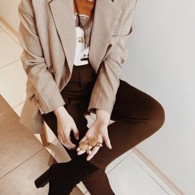 CLASSIC PLAID DOUBLE BREASTED WOMEN JACKET BLAZER NOTCHED COLLAR FEMALE SUITS COAT FASHION HOUNDSTOOTH BLAZERS