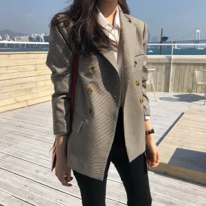 CLASSIC PLAID DOUBLE BREASTED WOMEN JACKET BLAZER NOTCHED COLLAR FEMALE SUITS COAT FASHION HOUNDSTOOTH BLAZERS