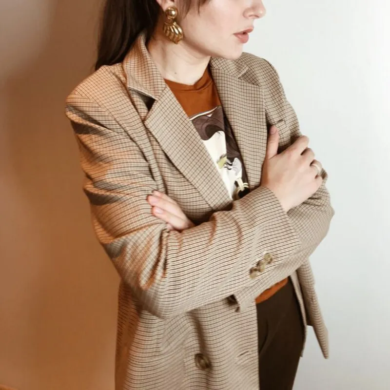 CLASSIC PLAID DOUBLE BREASTED WOMEN JACKET BLAZER NOTCHED COLLAR FEMALE SUITS COAT FASHION HOUNDSTOOTH BLAZERS