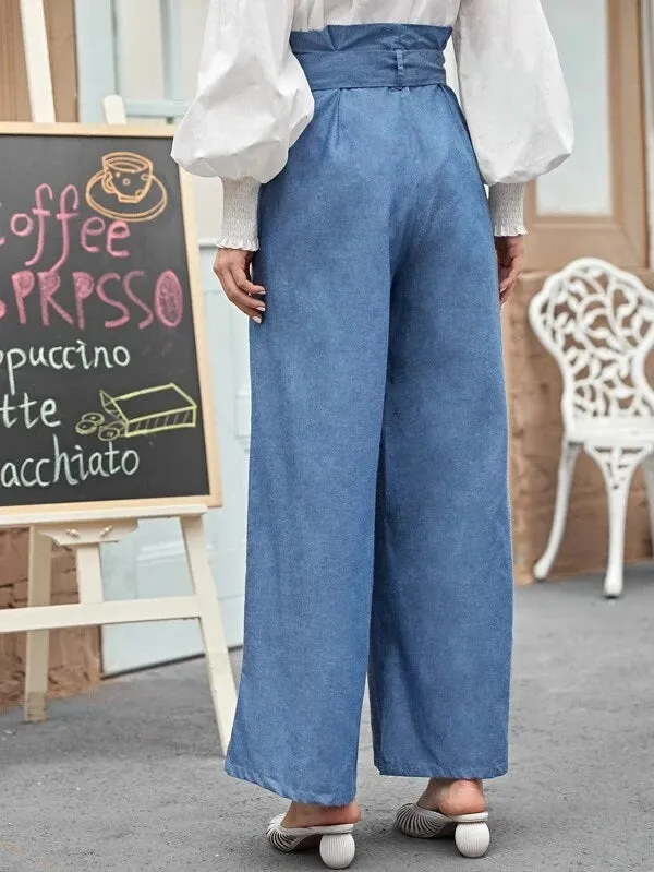 CM-BS202465 Women Elegant Seoul Style Paperbag Waist Wide Leg Long Pants - Blue