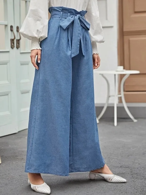 CM-BS202465 Women Elegant Seoul Style Paperbag Waist Wide Leg Long Pants - Blue