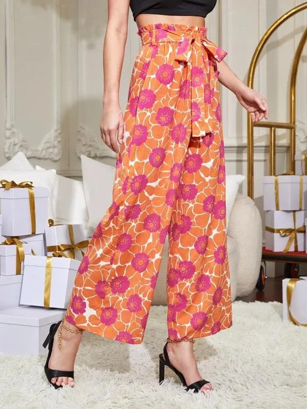 CM-BS622710 Women Trendy Bohemian Style Floral Print Paperbag Waist Belted Palazzo Pants