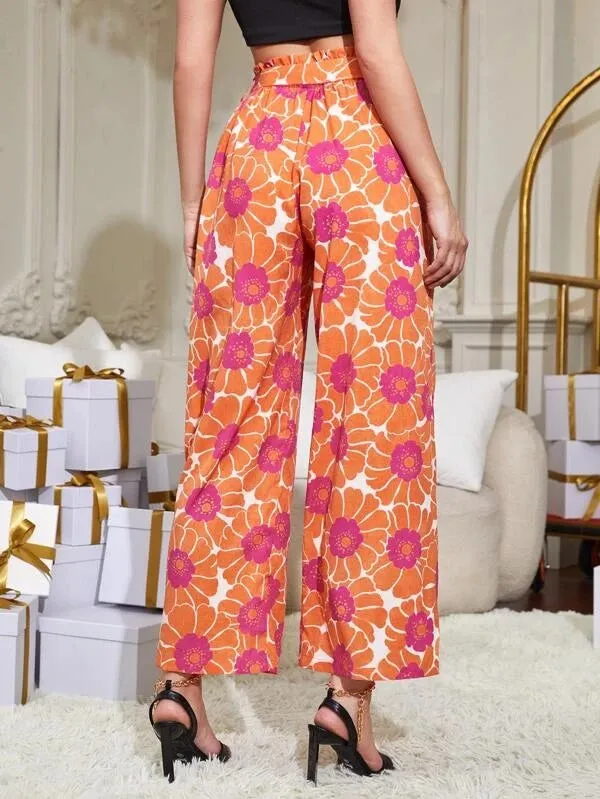 CM-BS622710 Women Trendy Bohemian Style Floral Print Paperbag Waist Belted Palazzo Pants
