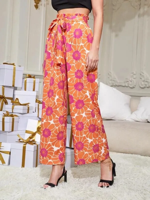 CM-BS622710 Women Trendy Bohemian Style Floral Print Paperbag Waist Belted Palazzo Pants