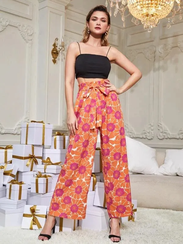 CM-BS622710 Women Trendy Bohemian Style Floral Print Paperbag Waist Belted Palazzo Pants
