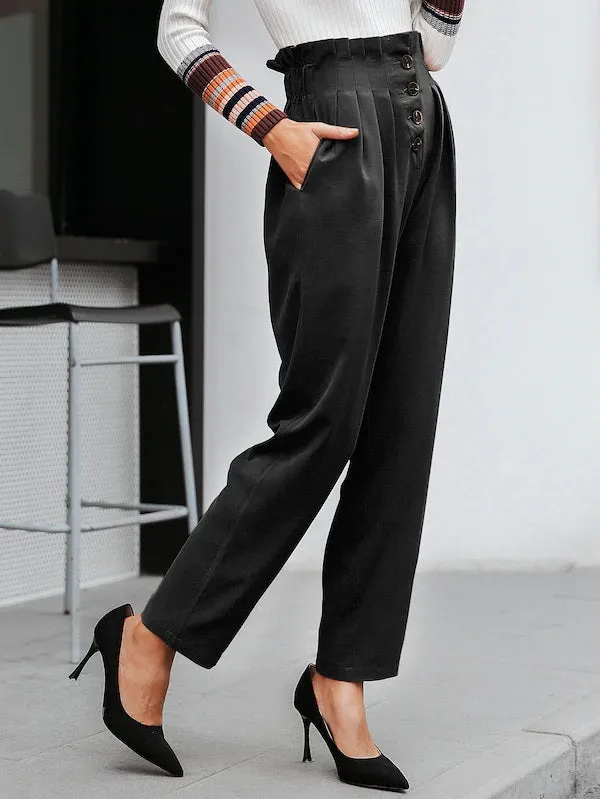 CM-BS702809 Women Casual Seoul Style High Waist Paperbag Waist Button Front Pleated Pants - Black