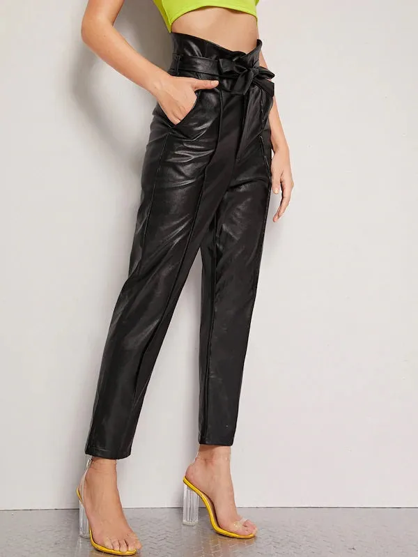 CM-BS712498 Women Casual Seoul Style Paperbag High Waist Belted PU Long Pants - Black