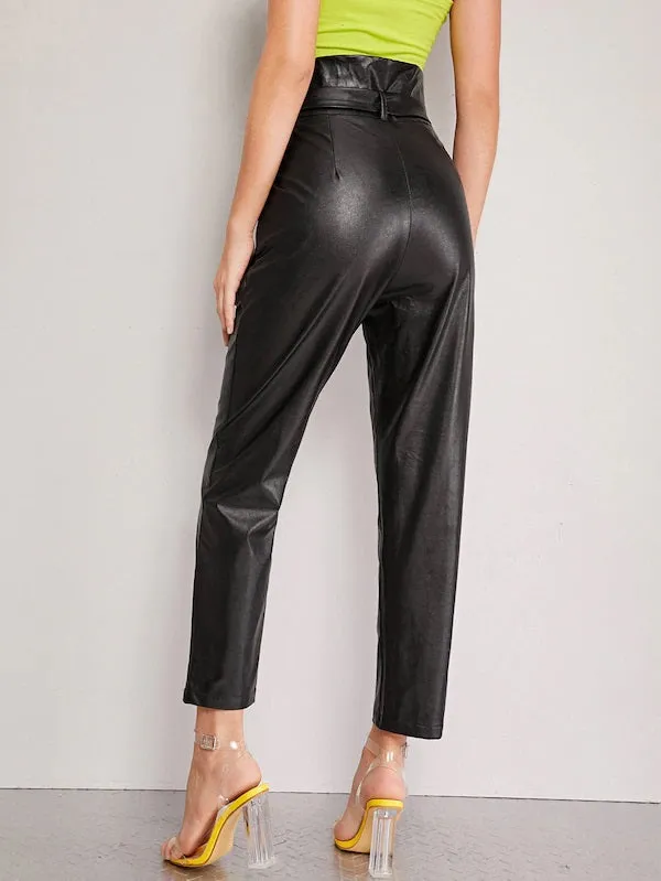 CM-BS712498 Women Casual Seoul Style Paperbag High Waist Belted PU Long Pants - Black