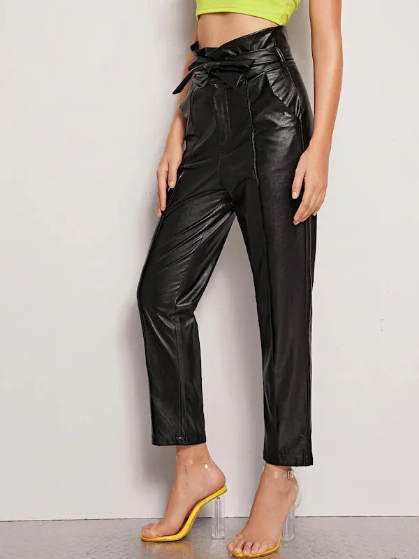 CM-BS712498 Women Casual Seoul Style Paperbag High Waist Belted PU Long Pants - Black